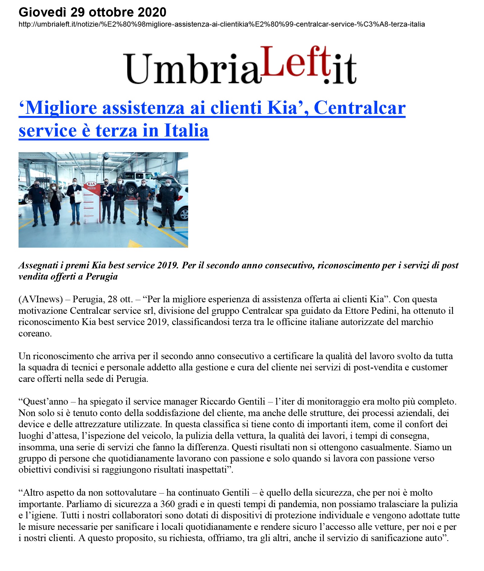 'Migliore assistenza ai clienti Kia', Centralcar service è terza in Italia