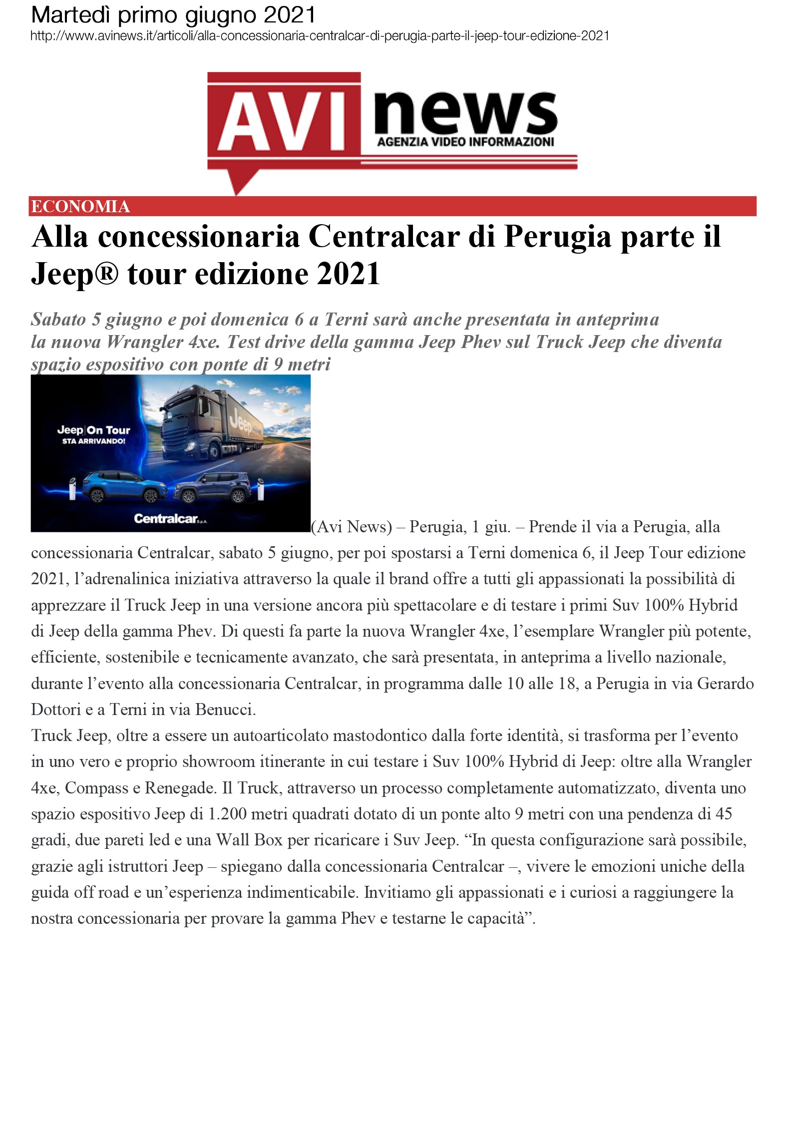 Alla concessionaria Centralcar di Perugia parte il Jeep tour edizione 2021