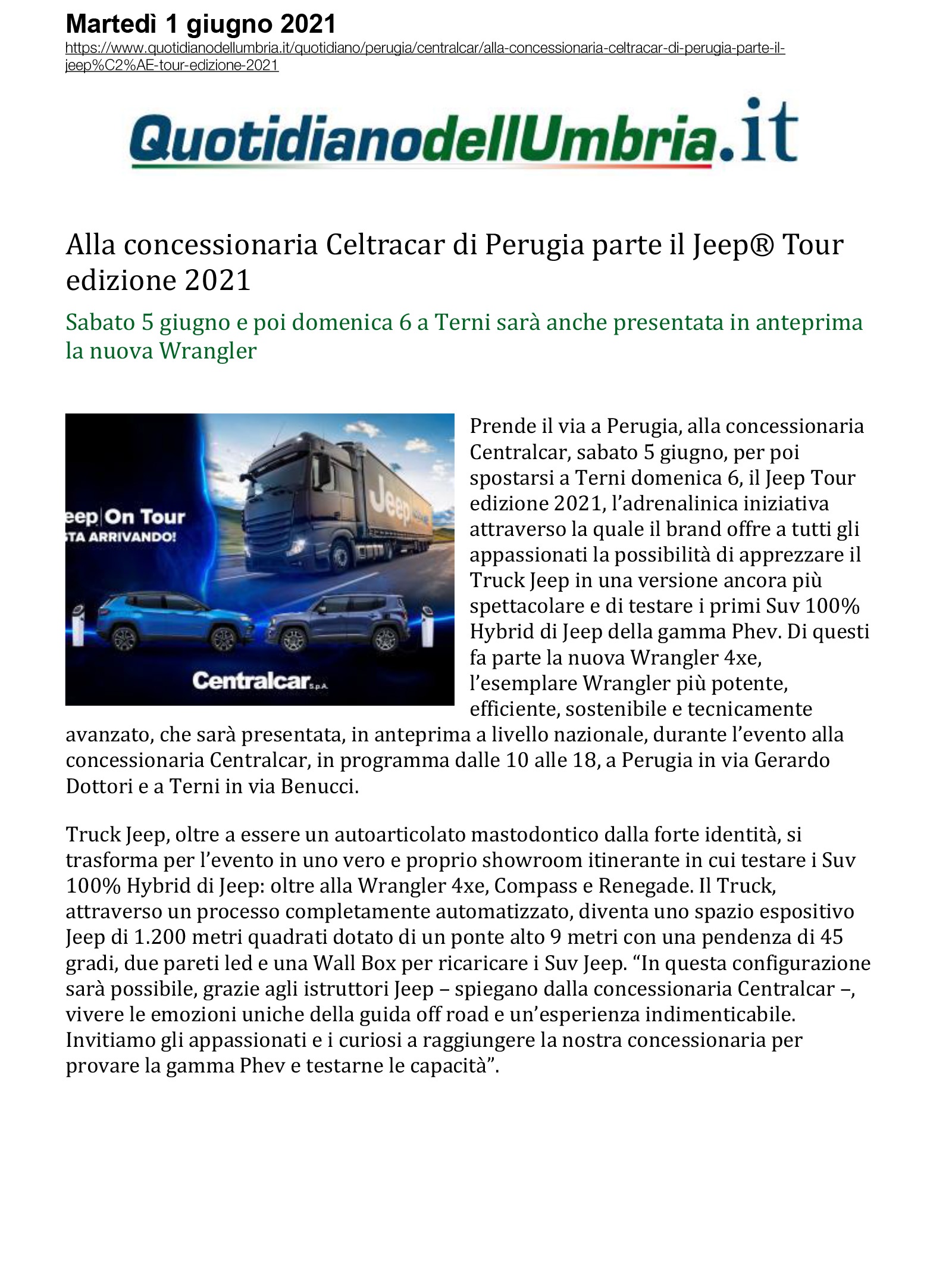 Alla concessionaria Celtracar di Perugia parte il Jeep Tour edizione 2021