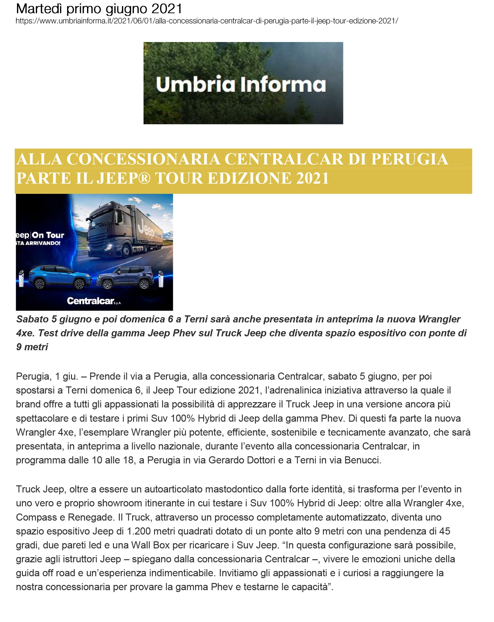 Alla concessionaria Celtracar di Perugia parte il Jeep Tour edizione 2021