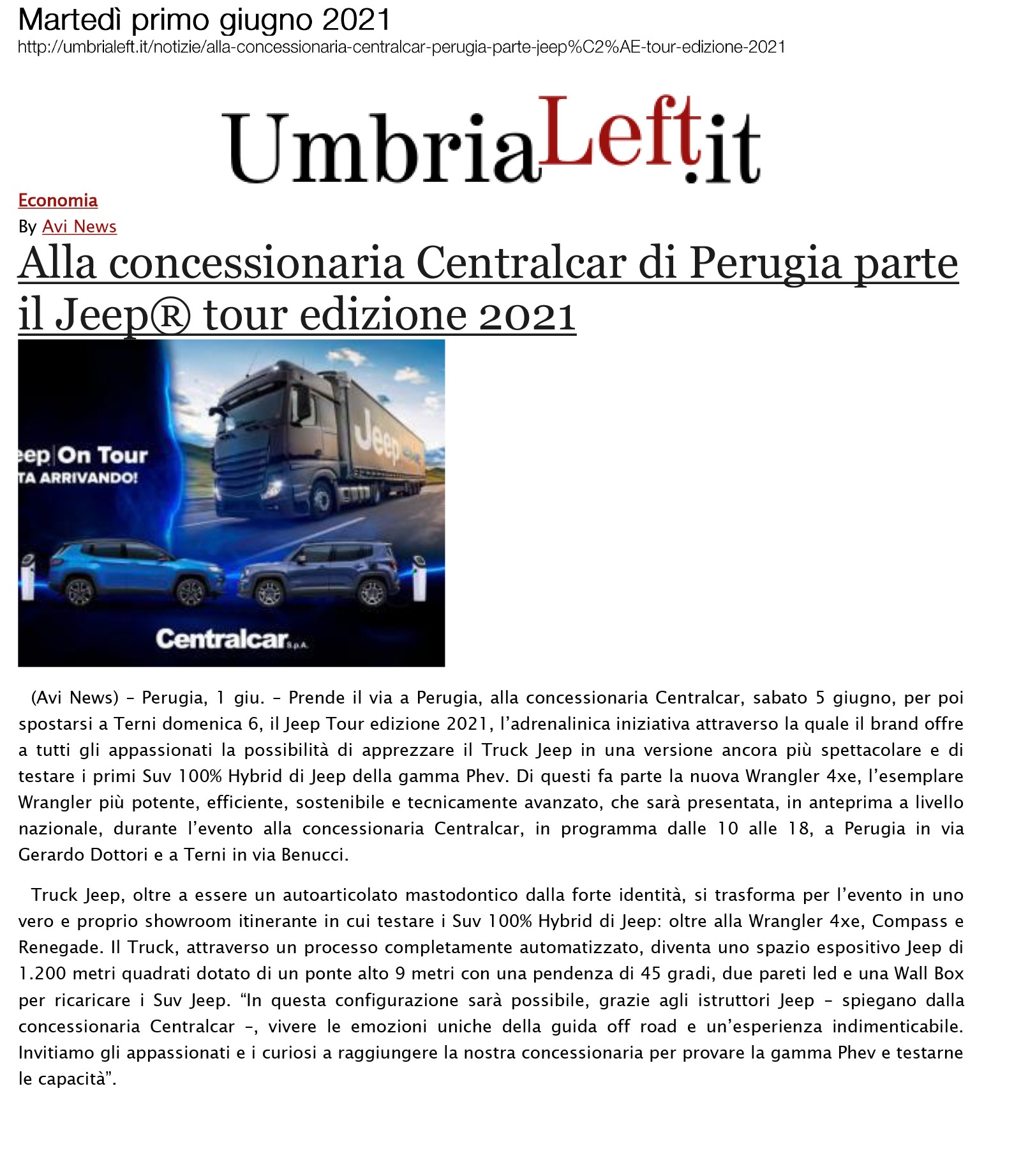 Alla concessionaria Celtracar di Perugia parte il Jeep Tour edizione 2021