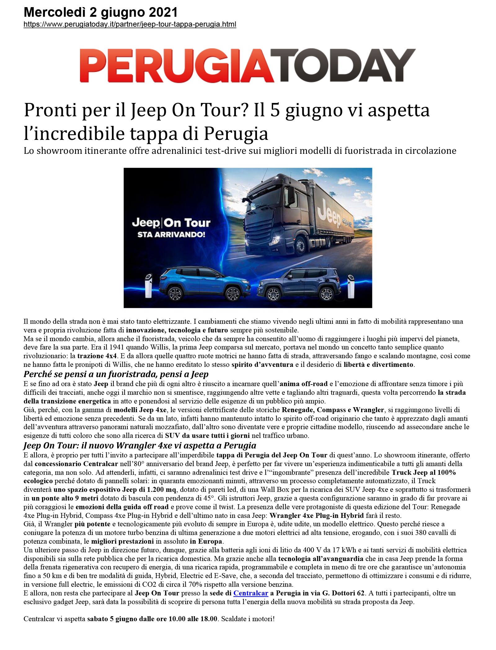 Pronti per il Jeep On Tour? Il 5 giugno vi aspetta l’incredibile tappa di Perugia