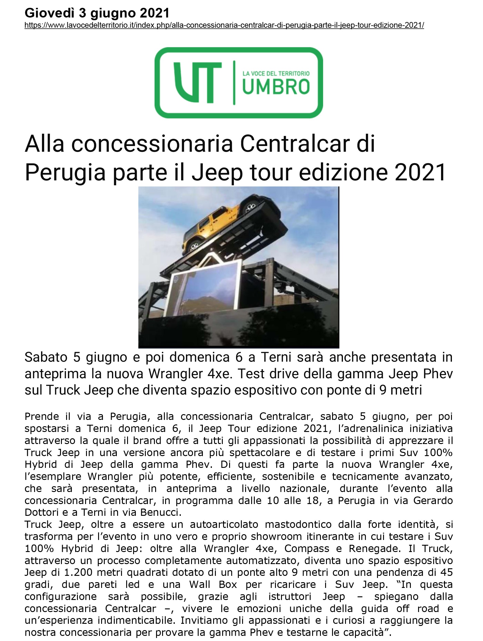 Alla concessionaria Centralcar di Perugia parte il Jeep tour edizione 2021